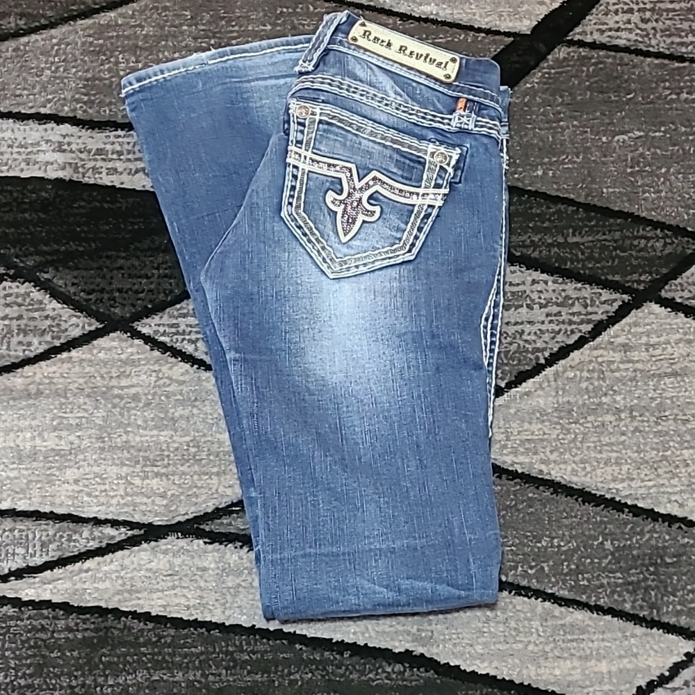 ROCK REVIVAL JACKLYN LEATHER SEQUINS BOOT-CUT DENIM JEAN